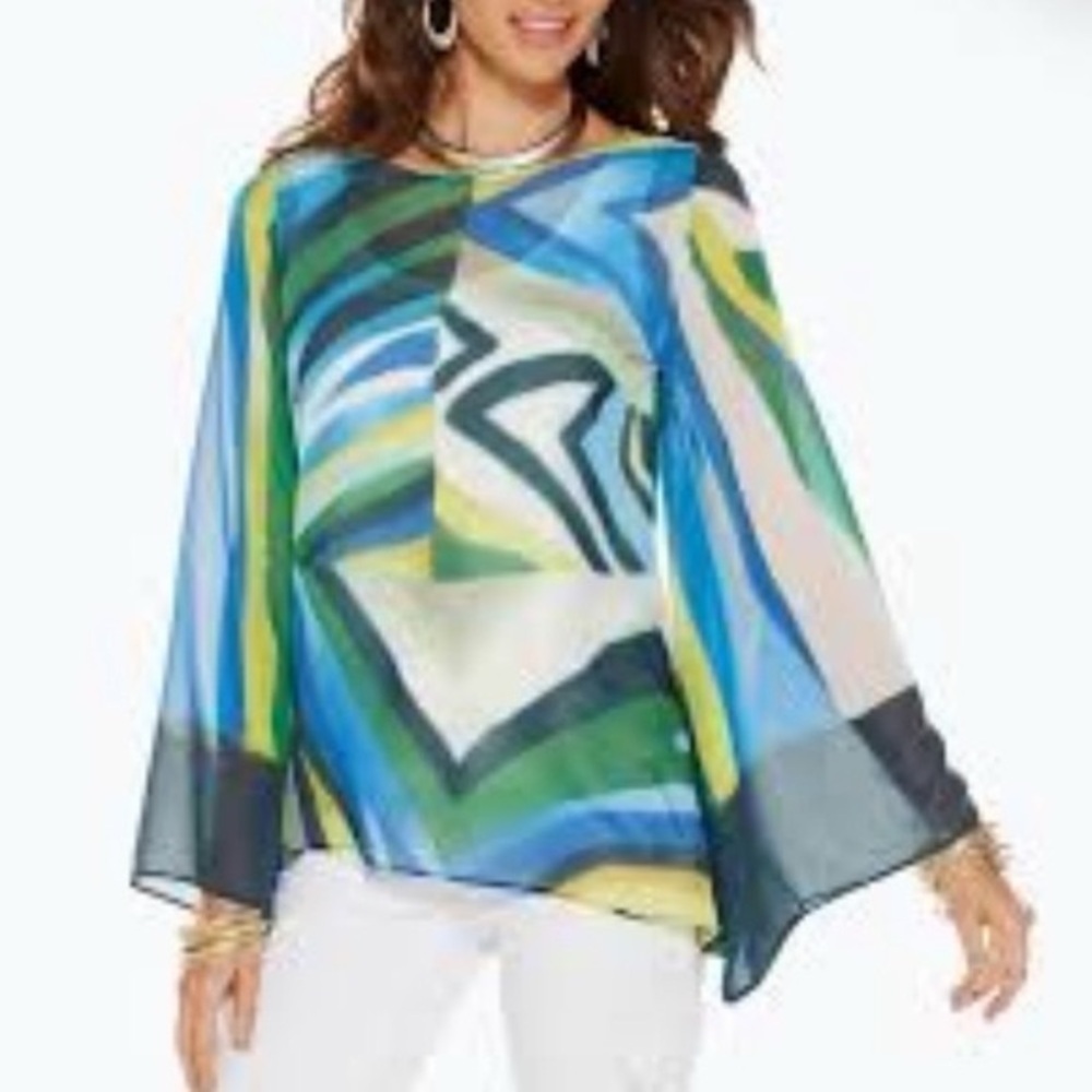 Chico’s Black Label Waterfall Tunic Long Sleeve Blouse Blue & Green